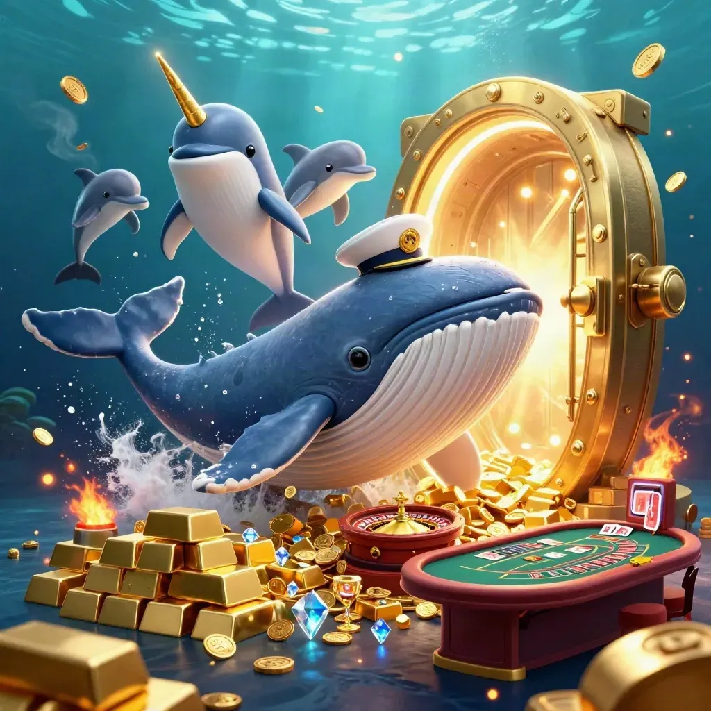 Paus kapten, narwhal, dan lumba-lumba di lautan koin emas dengan peti harta bercahaya.
