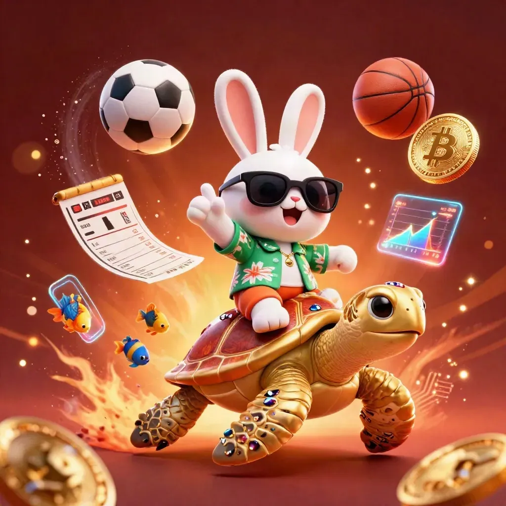 Kelinci kartun naik penyu emas, koin kripto, bola olahraga, kilau neon casino meledak