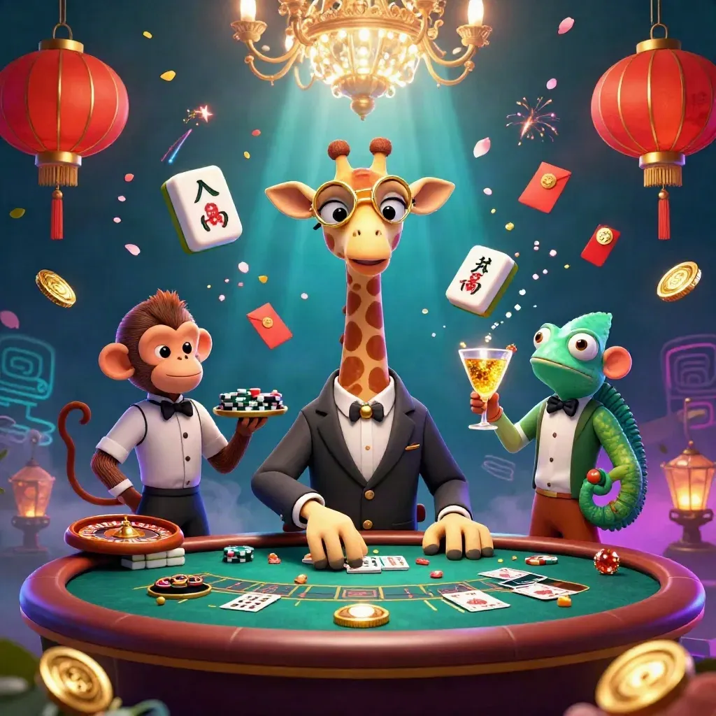 Giraffe, monyet, dan bunglon di meja kasino mewah dengan lampion dan koin emas.