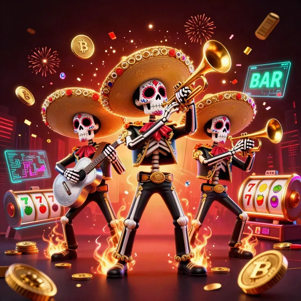 Tiga kerangka mariachi dikelilingi koin kripto, petir neon, dan latar merah gelap glamor.