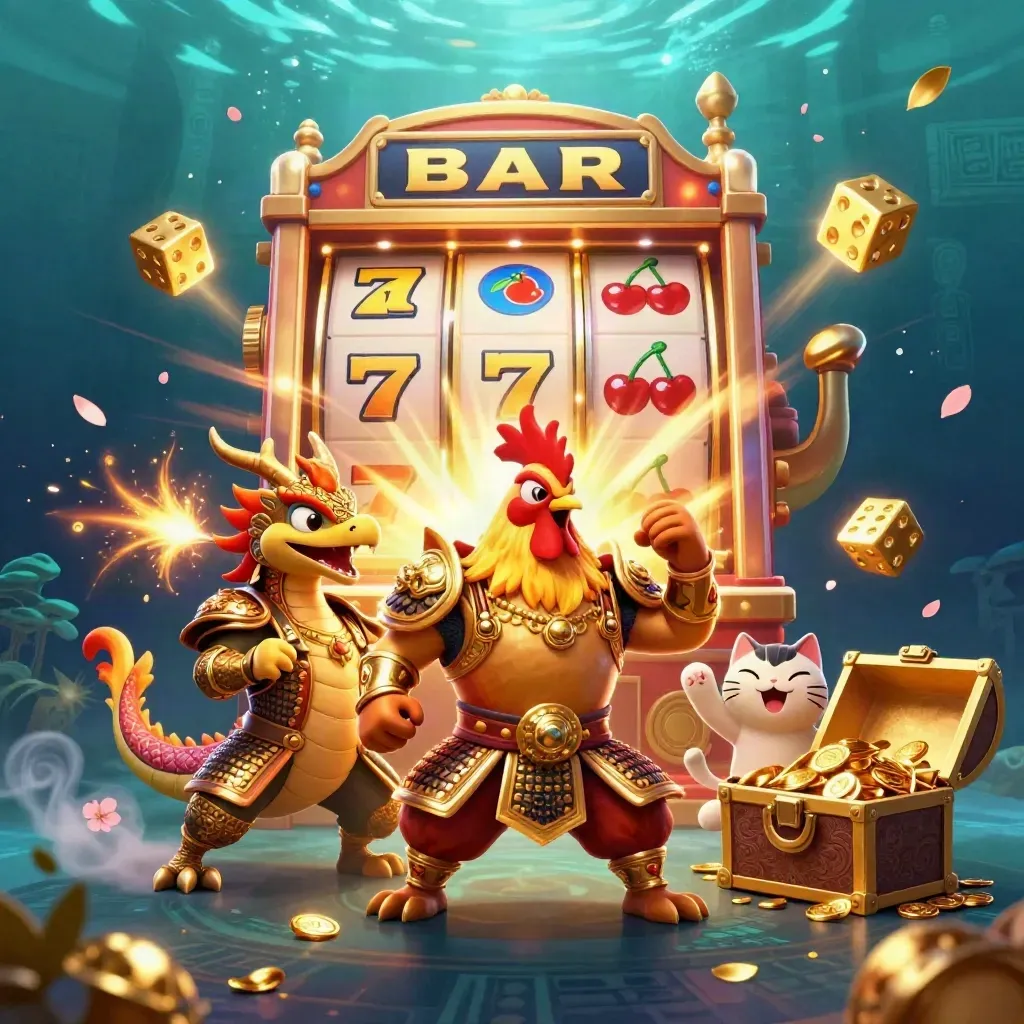 Ayam samurai emas, naga kecil, dan kucing keberuntungan dikepung slot dan harta di laut gelap.