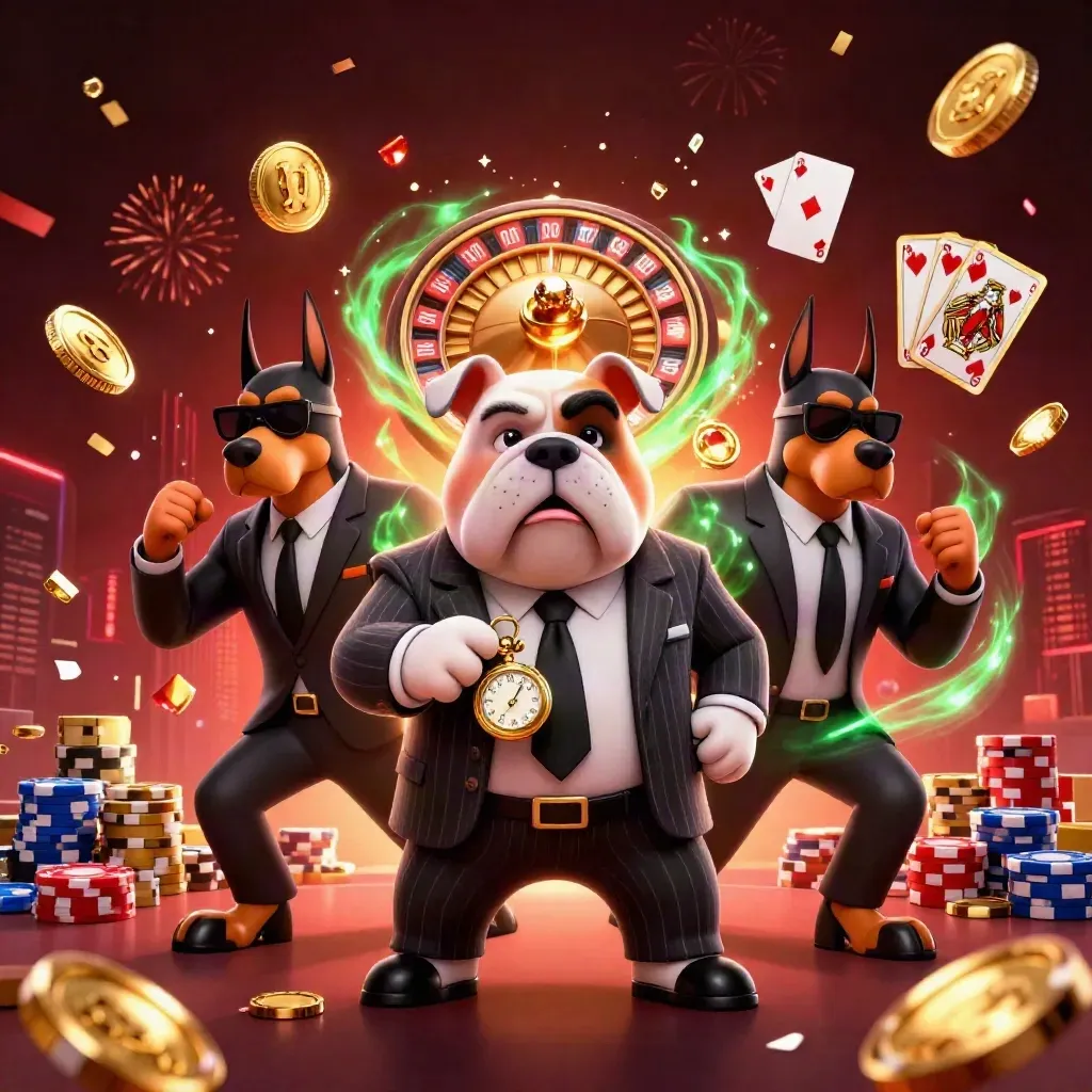 Bulldog bos mafia dan dua doberman dikelilingi koin, permata, roda roulette, dan kilau neon.