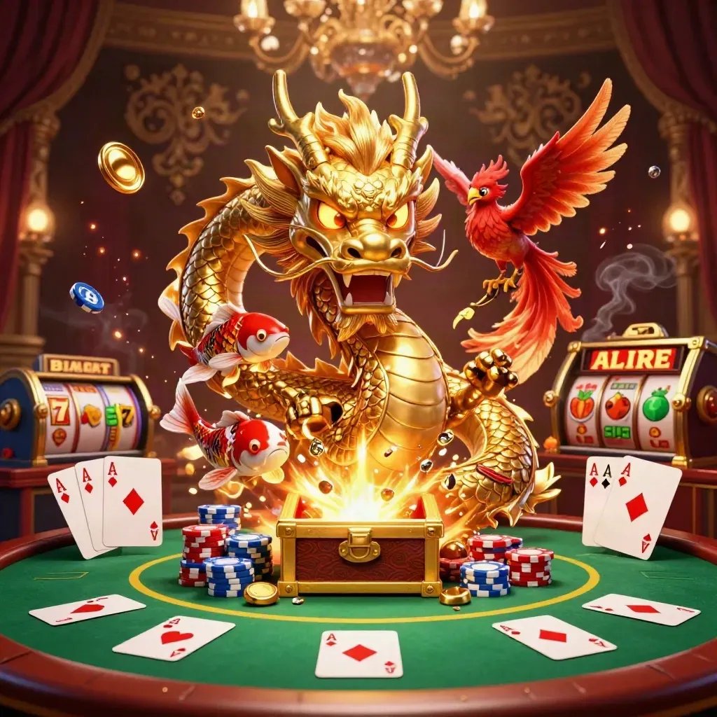 Naga emas melilit peti harta, phoenix kecil, koi, kartu poker, chip, dan efek neon mewah.