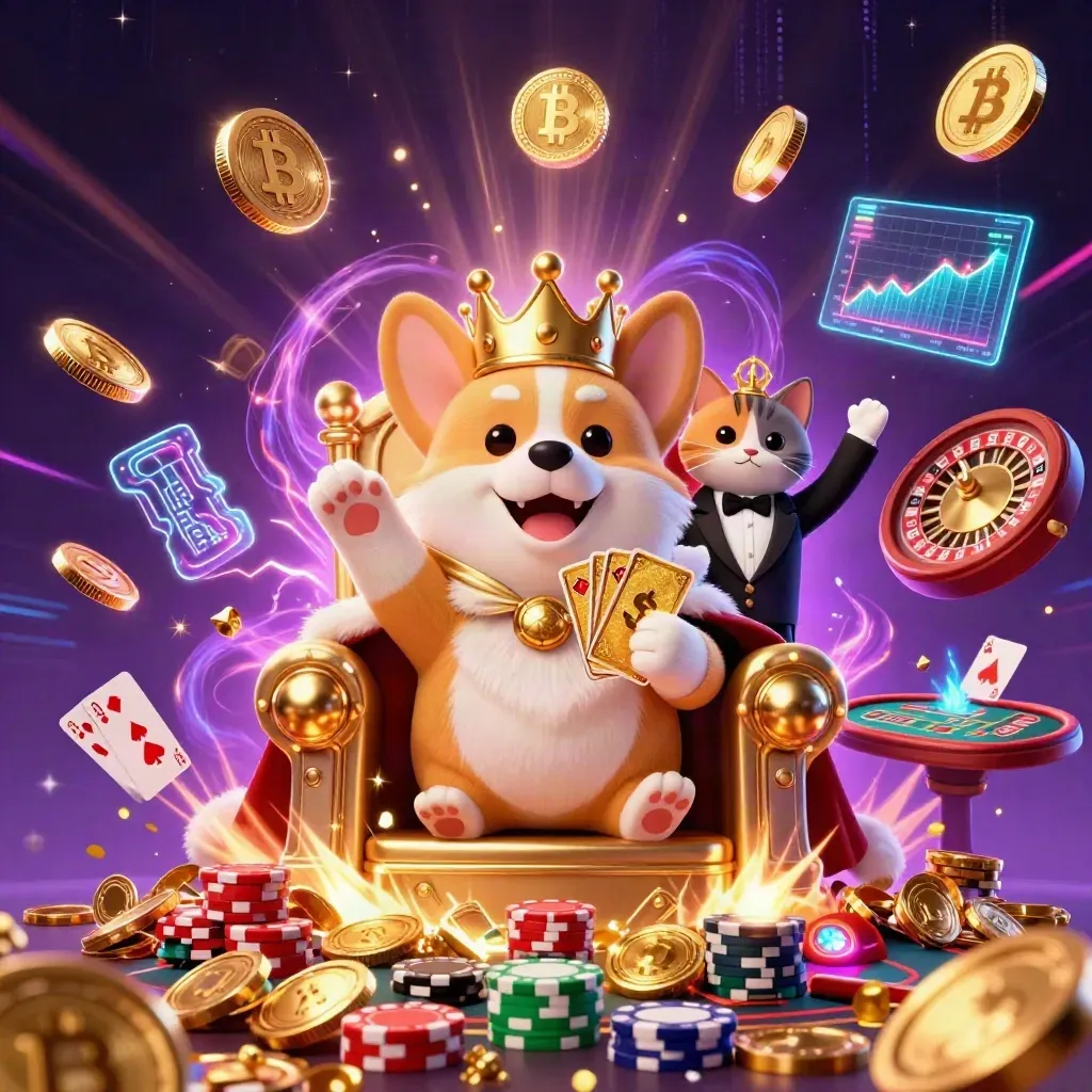 korgi raja dan kucing pelayan di singgasana chip, uang emas dan efek neon meledak