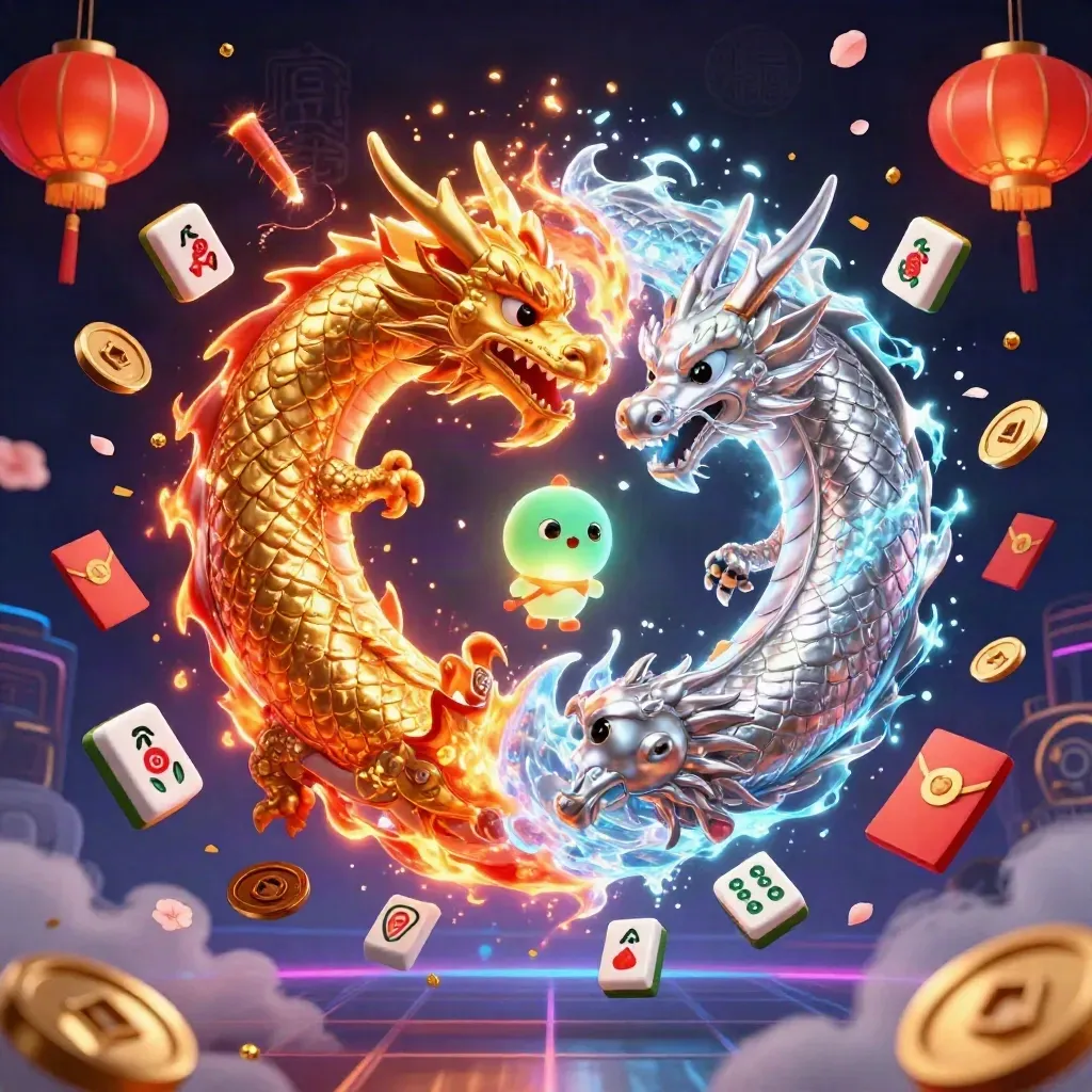Dua naga emas dan perak membentuk yin-yang, dengan elemen slot neon dan kilau emas.